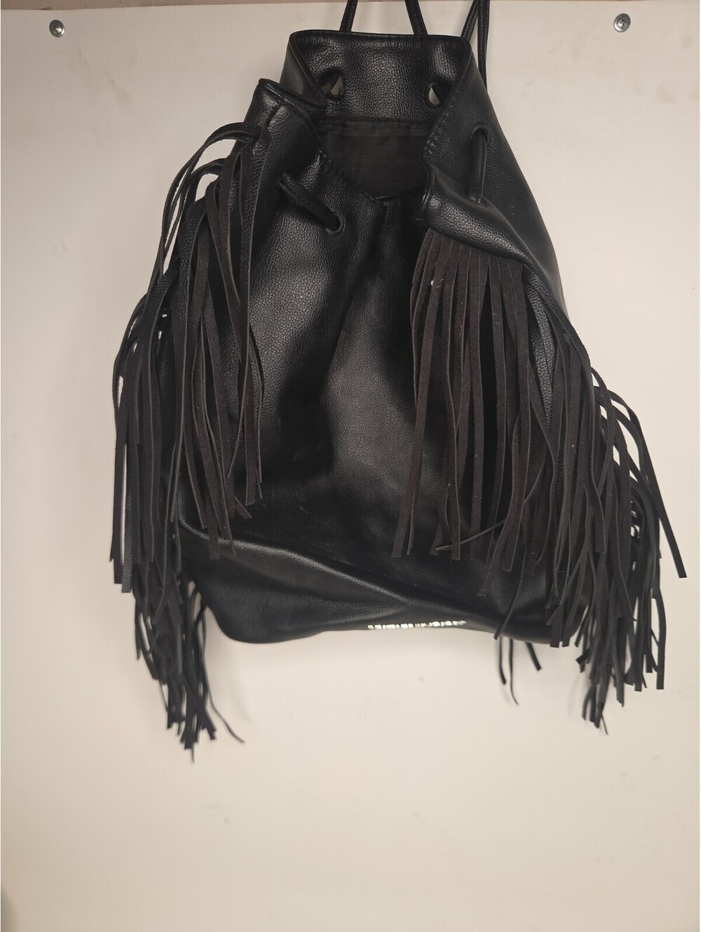 Victorias Secret Black Fringe Backpack Rucksack Cinch Bag Western Boho Biker